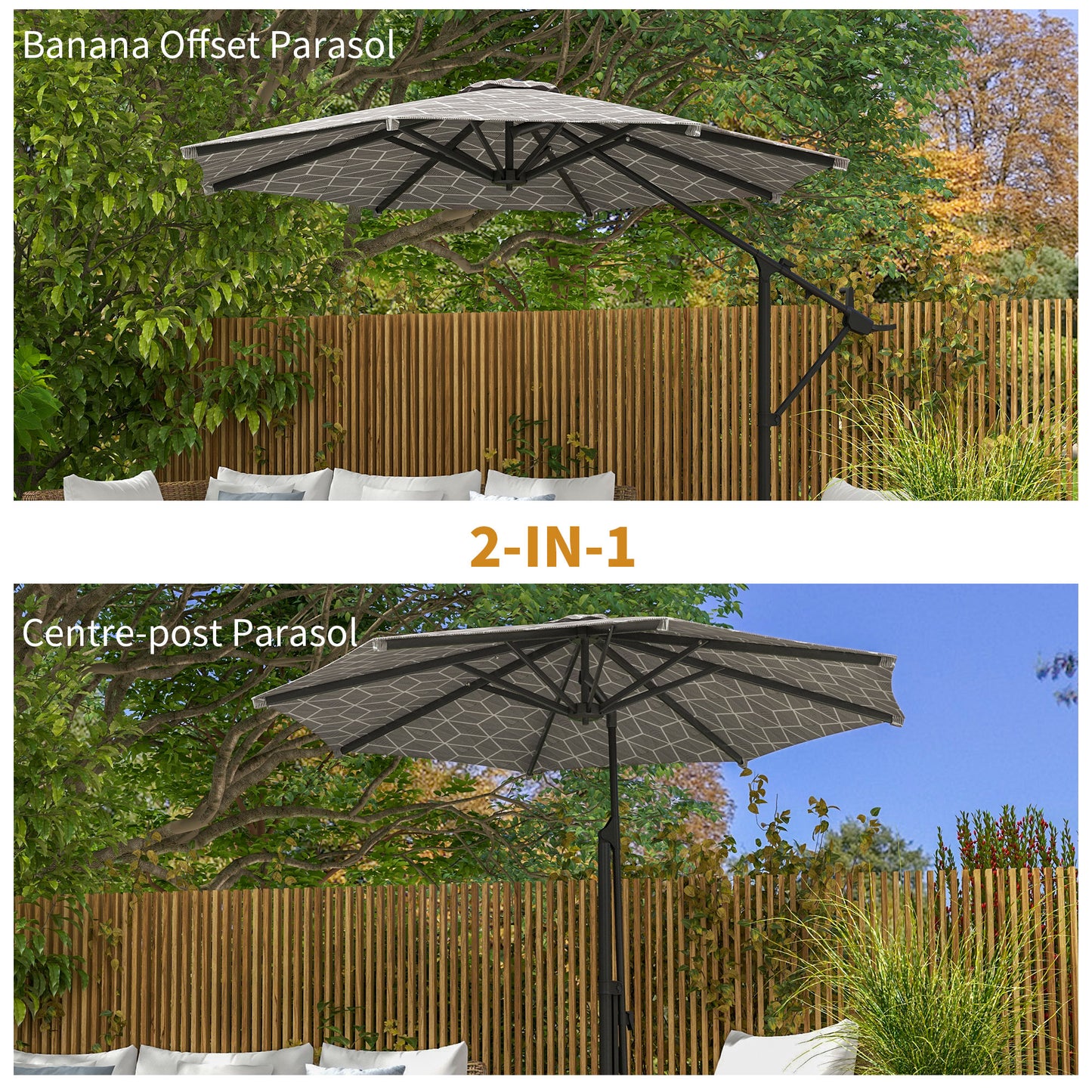 3(m) Convertible Cantilever Parasol and Centre-post Garden Parasol with Cross Base, 360° Rotation Banana Parasol