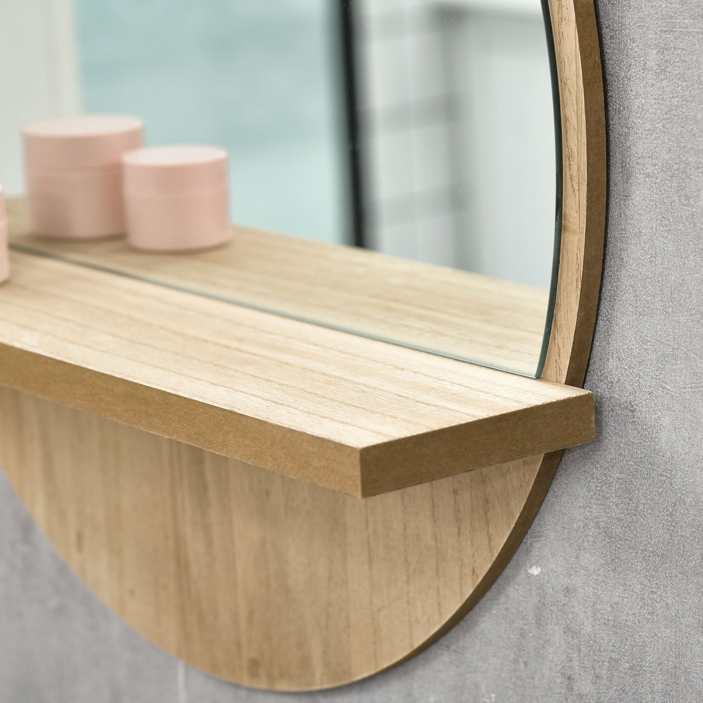 45cm Round Home Mirror, with Shelf - Natural Wood Effect