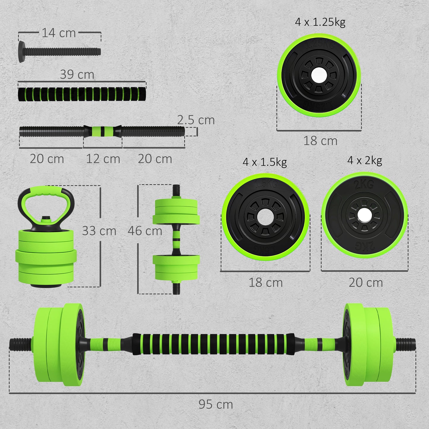 20kg 6-In-One Adjustable Weight Dumbbells Set, Barbell, Kettlebell, Push Up Stand - Green