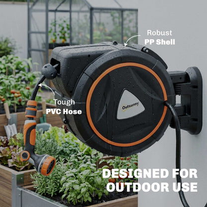 25m Retractable Hose Reel Wall Mounted with Auto Retraction, Self-Locking, Slow Return System, 12-Pattern Nozzles