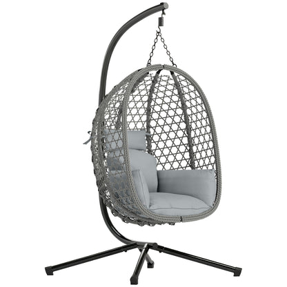 Hanging Egg Chair, Indoor Outdoor Rattan Hammock Swing Chair with Stand, Safety Strap, Foldable Basket, Dark Grey