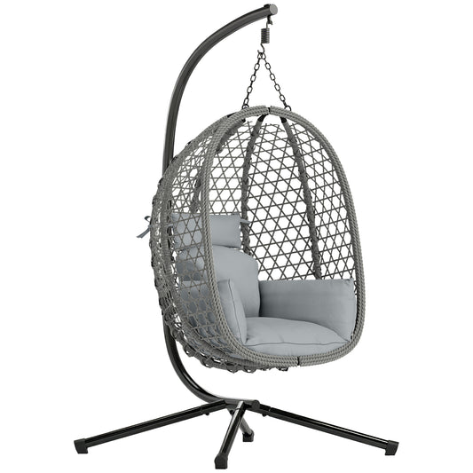 Hanging Egg Chair, Indoor Outdoor Rattan Hammock Swing Chair with Stand, Safety Strap, Foldable Basket, Dark Grey