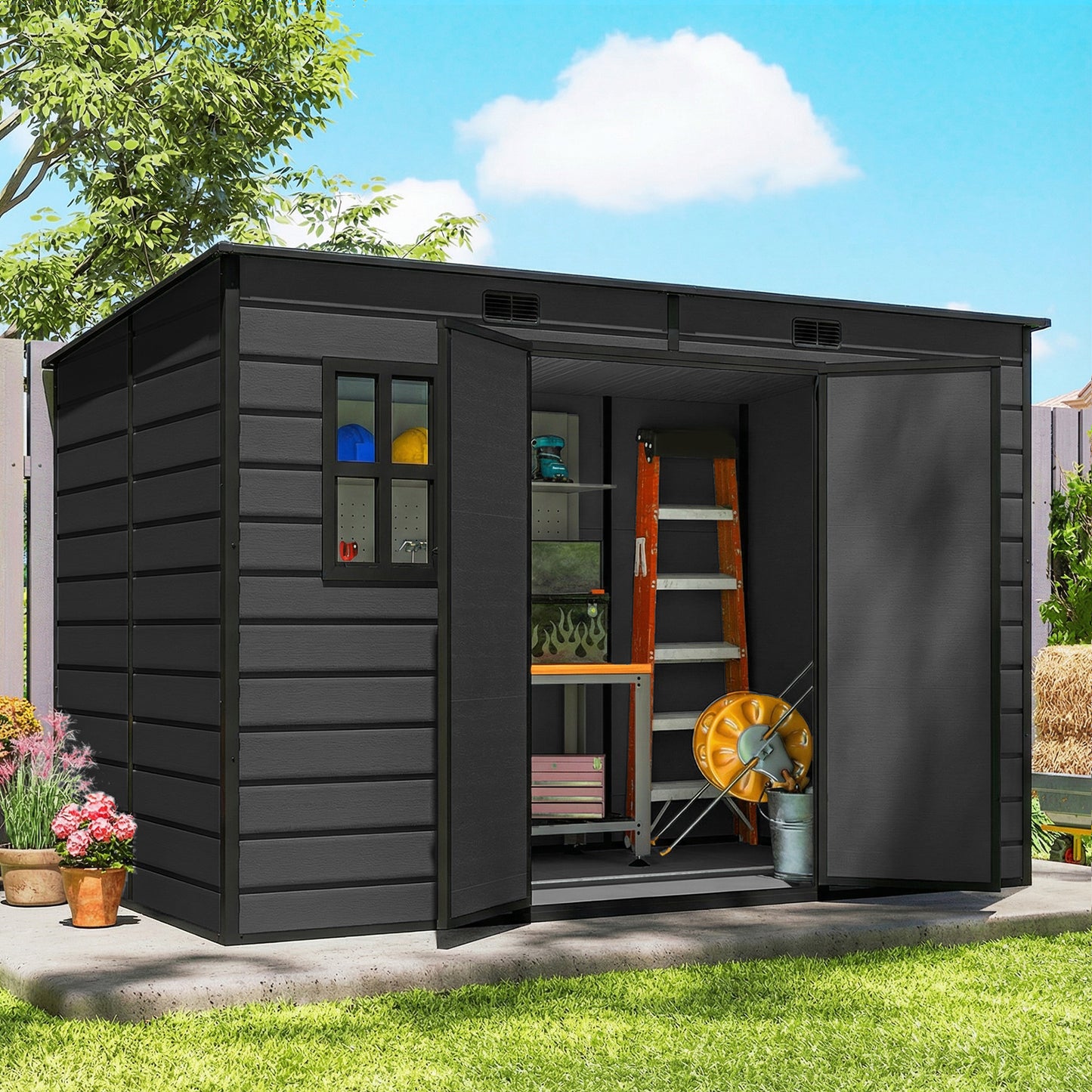 10 x 6 ft Resin Garden Shed, Outdoor Storage Shed with Floor, Windows, Lockable Doors and Vents, Dark Grey