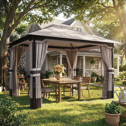 3 x 3.6 m Outdoor Garden Gazebo with Netting and Curtains, Double Roof Patio Gazebo Permanent Pavilion, Khaki