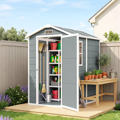 4 x 6ft Garden Shed, Plastic Shed with Floor, Window, Lockable Door and Vents, Resin Tool Shed for Outdoor Patio Storage