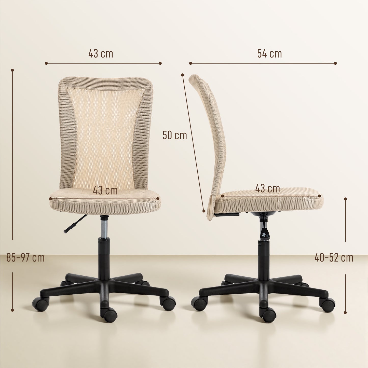 Computer Desk Chair, Mesh Office Chair with Adjustable Height and Swivel Wheels, Armless Study Chair, Beige