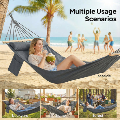 Cotton Hammock, Soft Portable Swing Sleeping w/ Headrest & Side Pocket, Dark Grey