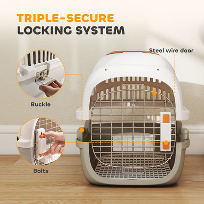 Plastic Pet Carrier Hard Shell Dog Cat Carrier Max 4 KG Steel Door Feed Bowl Secure Lock 49 x 32 x 31 cm