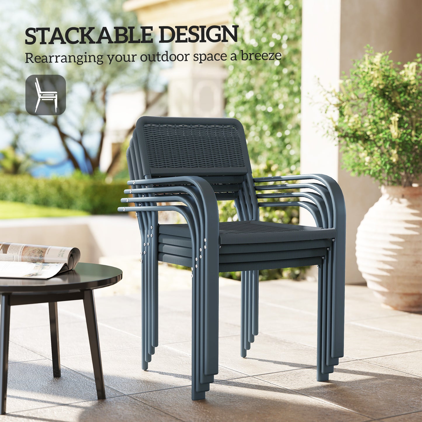 Garden Chairs Set of 4, Stackable Rattan Effect Dining Chairs with Armrest