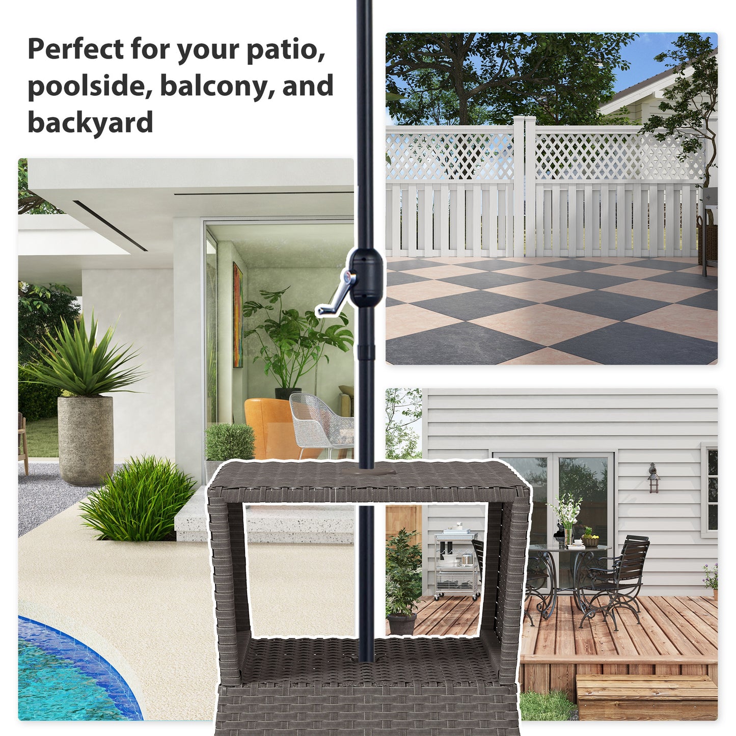 Rattan Outdoor Coffee Table, Wicker Garden Patio Bistro Side Table with Umbrella Hole and Storage Space, Dark Grey