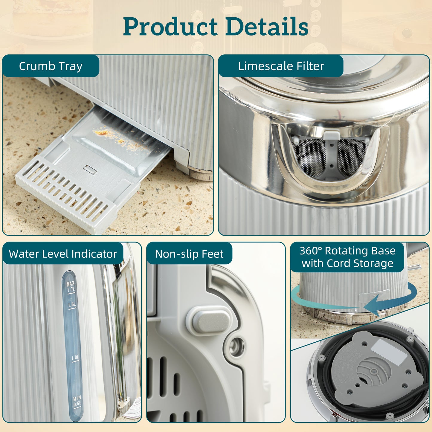 Electric Stainless Steel Kettle and Toaster Set, 3000W 1.7L UK Strix Thermostat Fast Boil Kettle w/ Limescale Filter