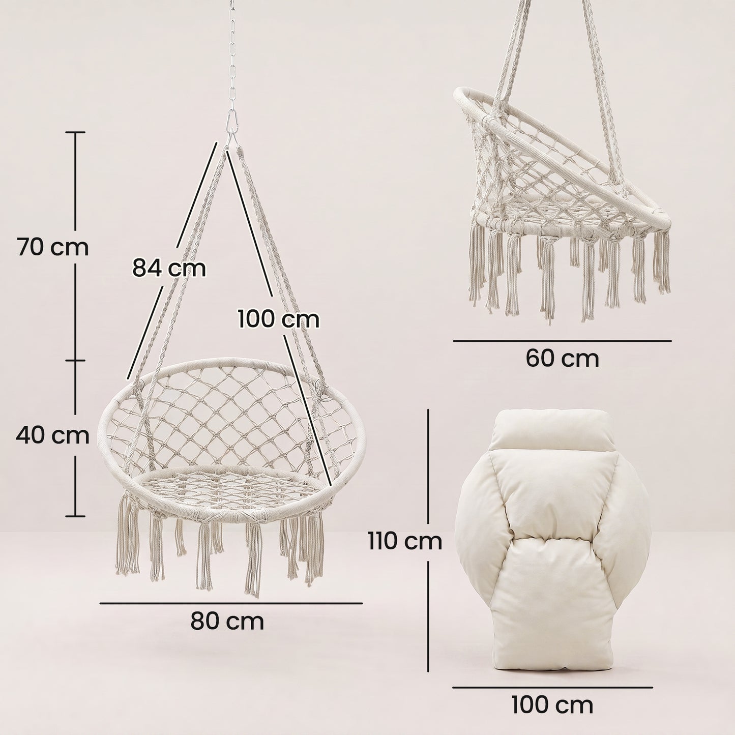 Hanging Chair Outdoor Hammock Chair with Soft Cushion, Cotton Rope Boho Style Swing Chair