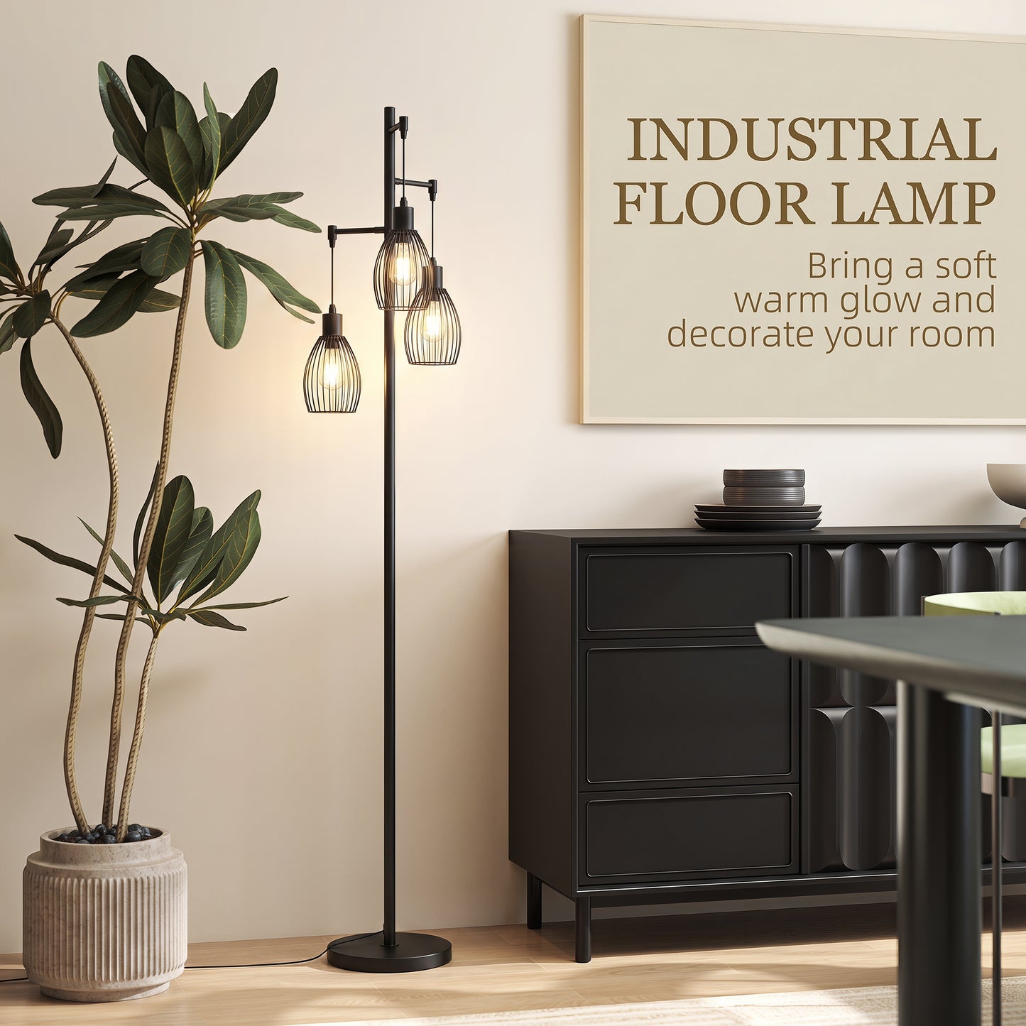 3-Light Floor Lamp, 170cm Industrial Dimmable Standing Lamp with Steel Wire Cage Lampshades for Living Room, Bedroom