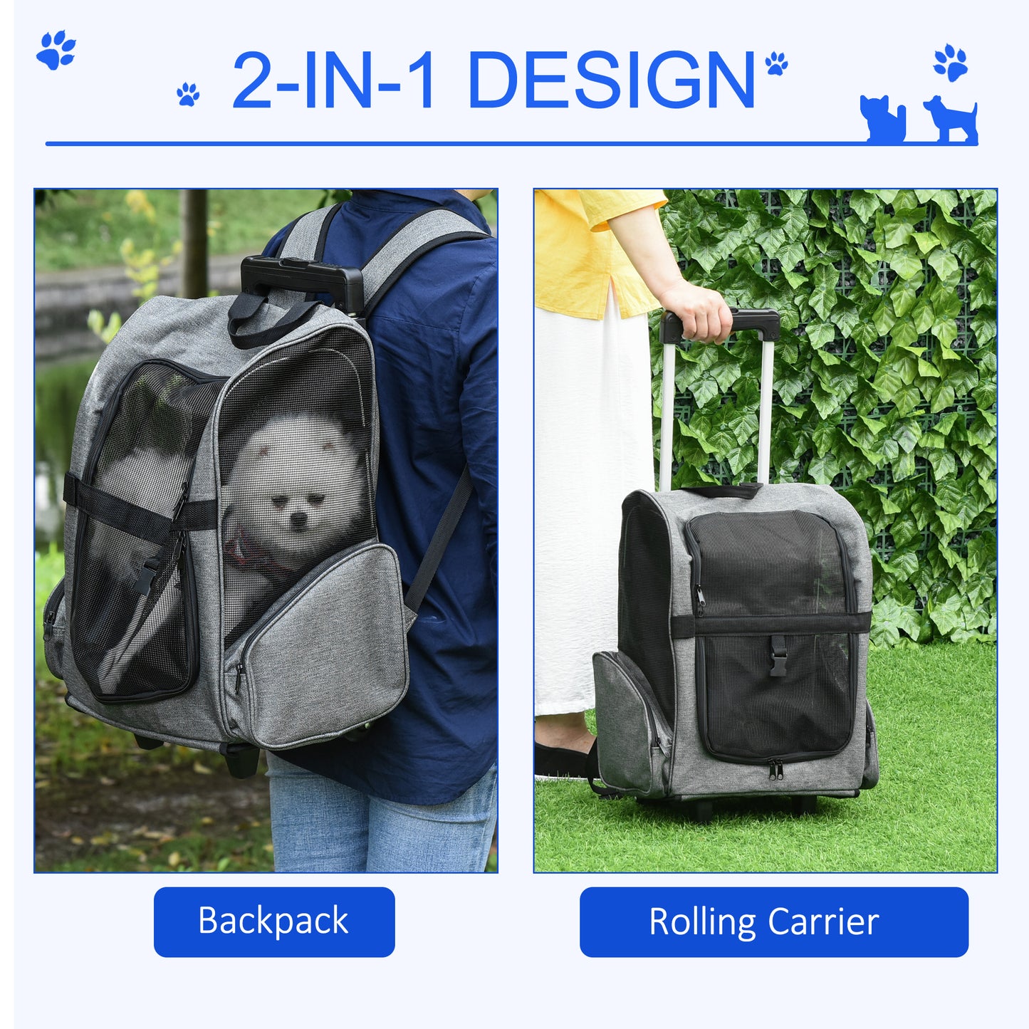 2 in 1 Dog Backpack and Trolley, Pet Travel Backpack Cat Dog Carrier with Telescopic Handle