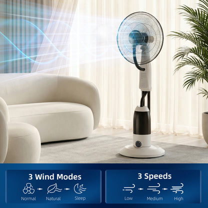 Pedestal Fan with Water Mist Spray 3 Speeds 2.8L Water Tank, White