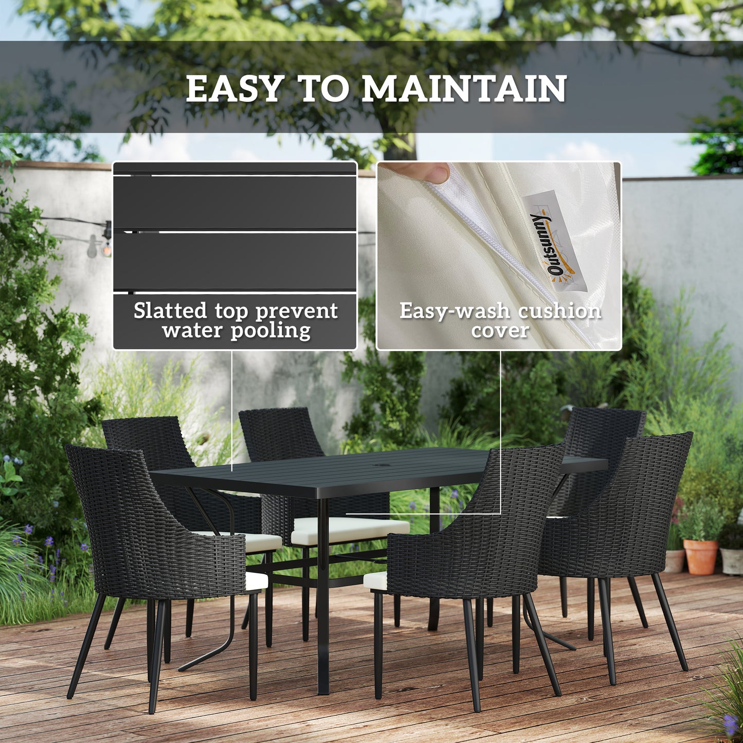 6 Seater Rattan Dining Set with Cushions, Garden Furniture Set with Armchairs, Rectangle Slatted Table Top, Steel Frame