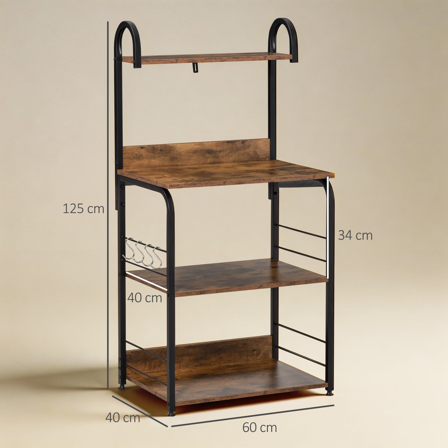 4-Tier Baker's Rack, Microwave Stand with 4 Hooks, Kitchen Storage Unit for Spices, Pots and Pans, Rustic Brown