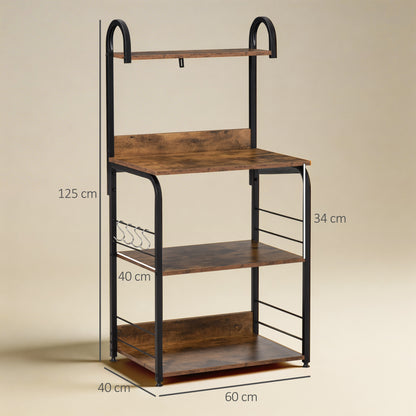 4-Tier Baker's Rack, Microwave Stand with 4 Hooks, Kitchen Storage Unit for Spices, Pots and Pans, Rustic Brown