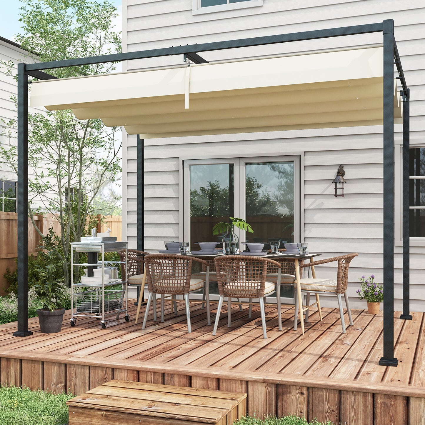 3x2m Metal Pergola with Retractable Roof, Garden Gazebo Canopy Shelter for Outdoor, Patio, Cream White