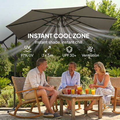 3 m Garden Cantilever Parasol with Cover, Round Overhanging Umbrella with 360° Rotation, Tilt, Grey