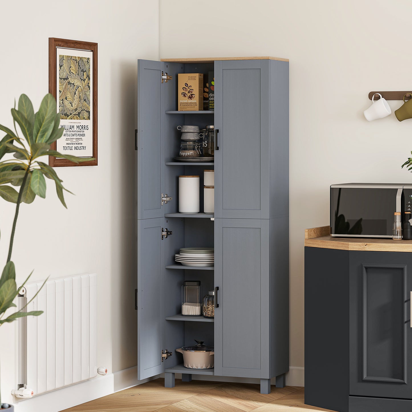 Freestanding Kitchen Cupboard, 4-Door Storage Cabinet with Adjustable Shelves, Modern Kitchen Pantry, 170cm, Grey