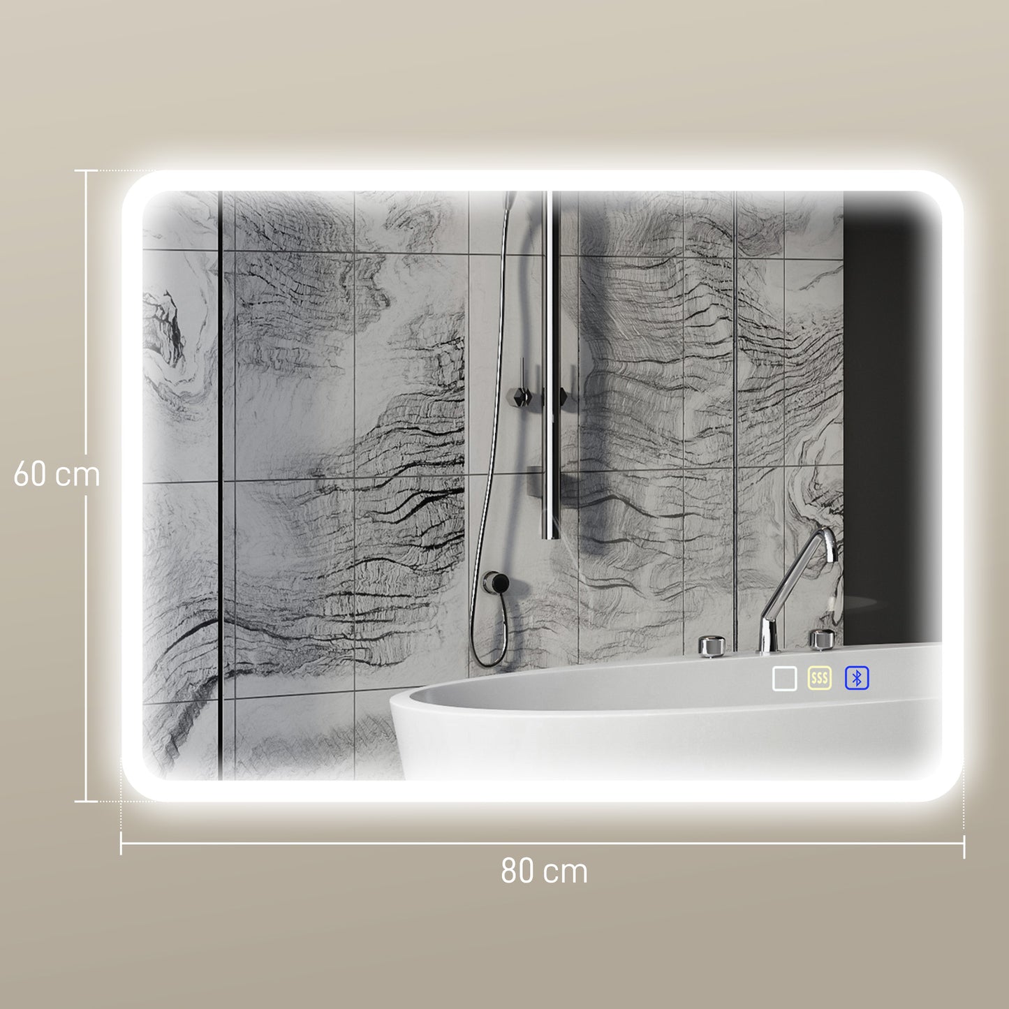 80 x 60cm LED Bathroom Mirror, with Bluetooth - Silver Tone
