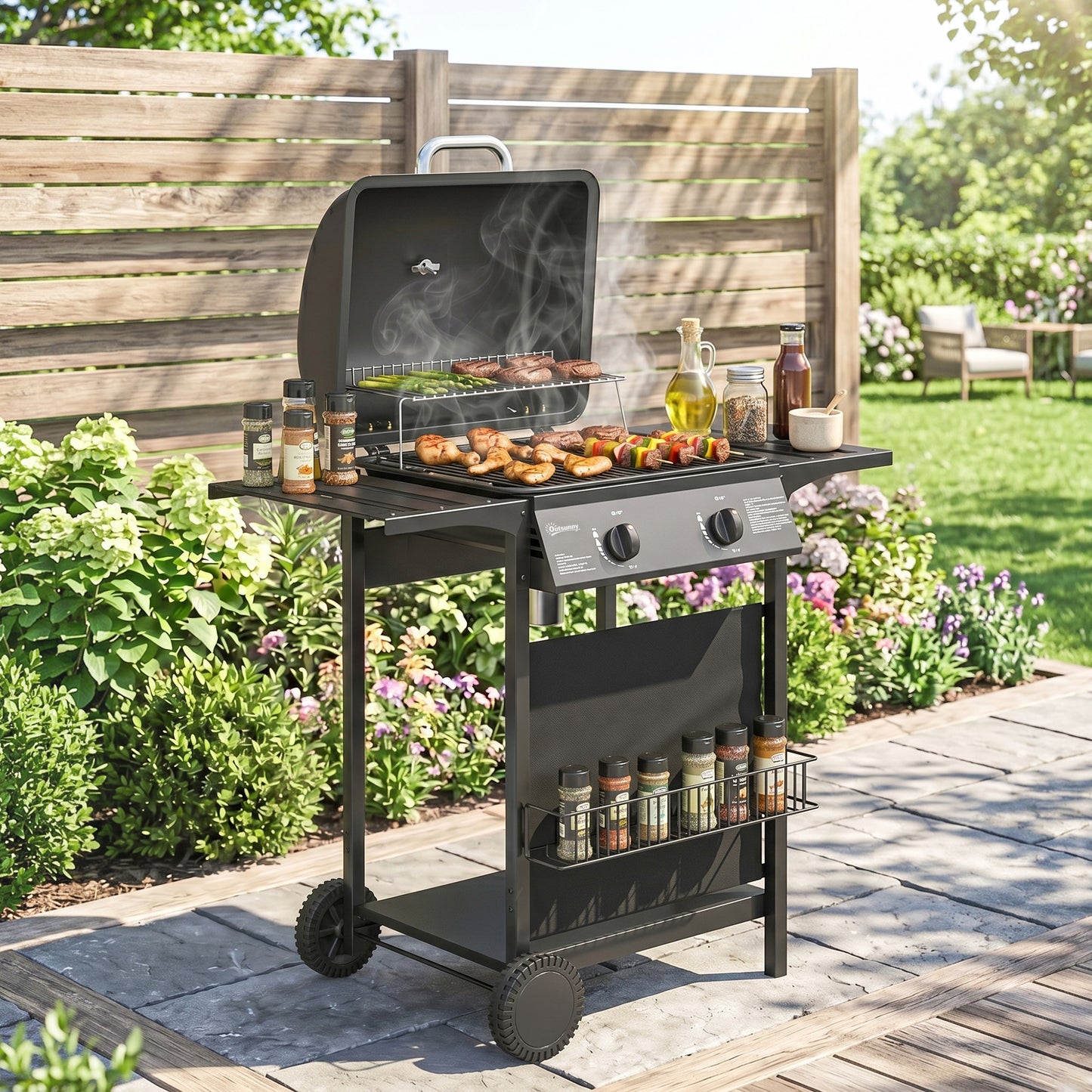 Gas Burner Barbecue Grill, 2 Burner Gas Grill with Side Tables, Warming Rack, Shelf, Thermometer, Grease Tray, Black