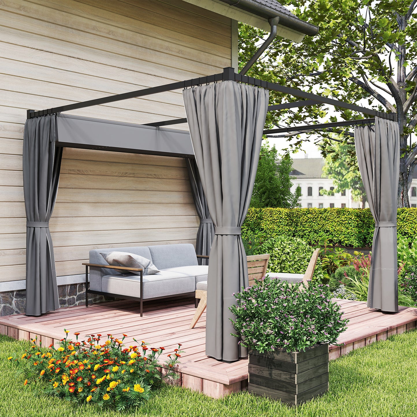 3 x 3m Moving Canopy Metal Pergola, with Curtains - Grey