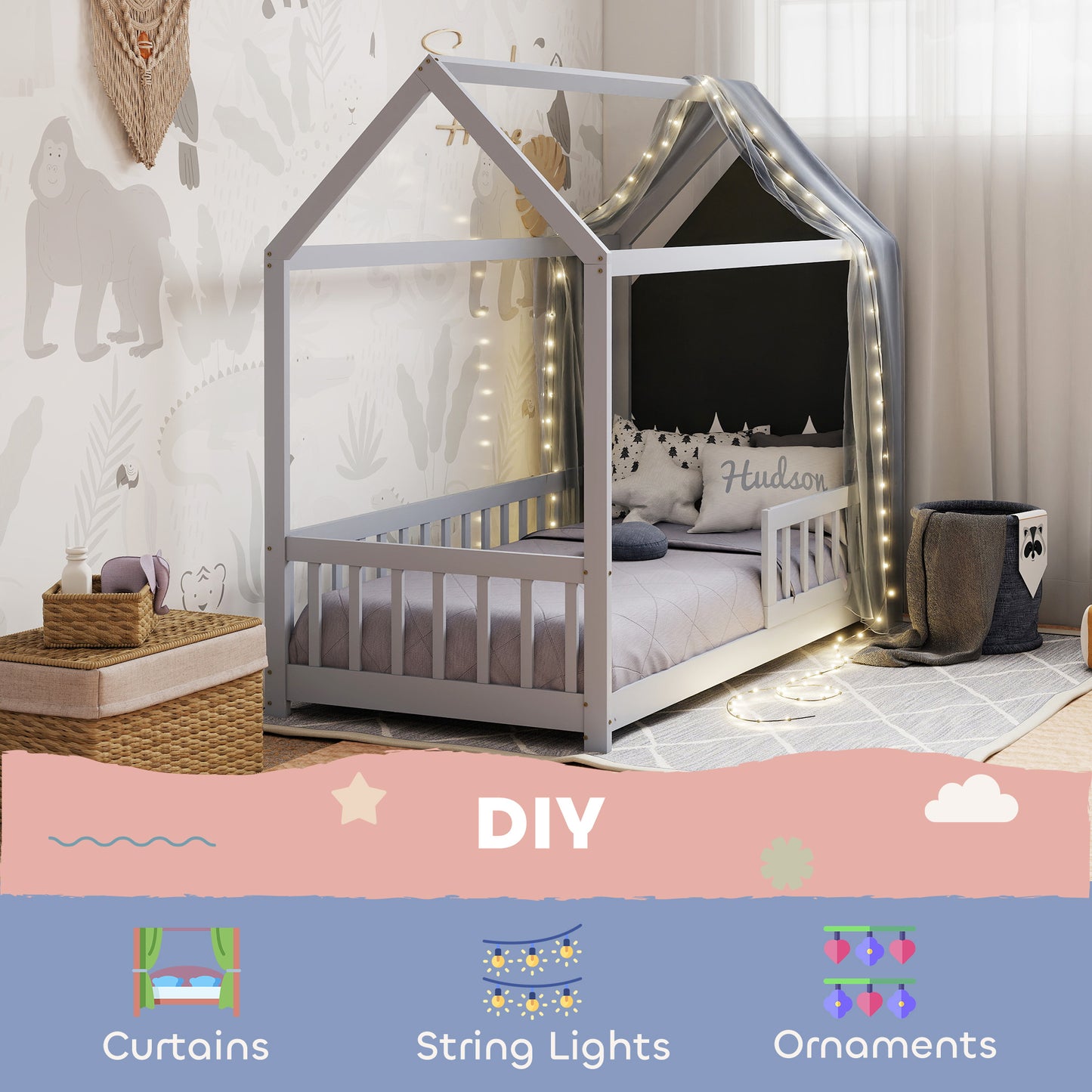 House-Shaped Kids Bed Frame with Guard Rails, Solid Pine Wood Single Bed Frame for Kids Boys and Girls, Grey