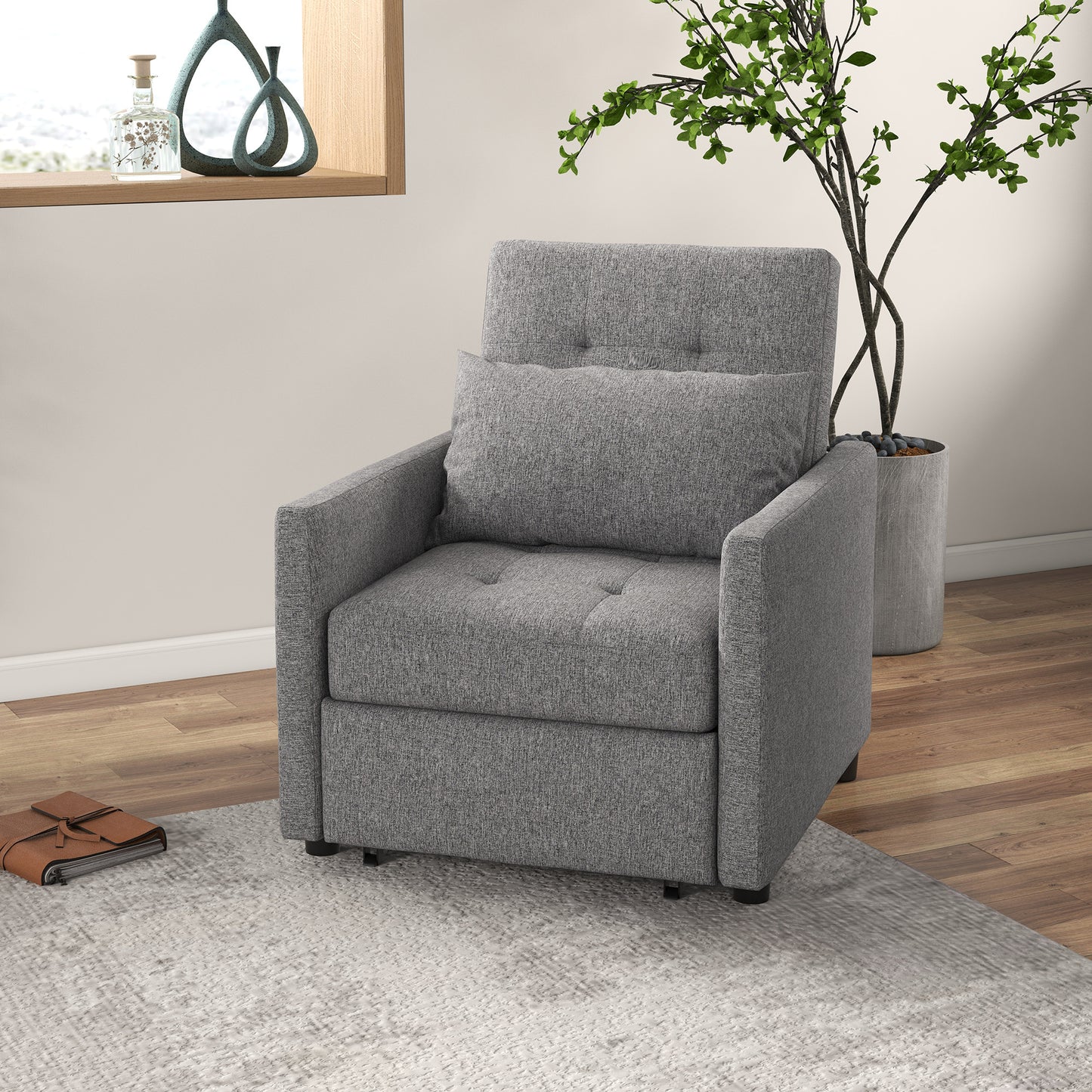 3-In-1 Single Chair Bed with Adjustable Backrest, Pillow and Footrest for Living Room, Grey