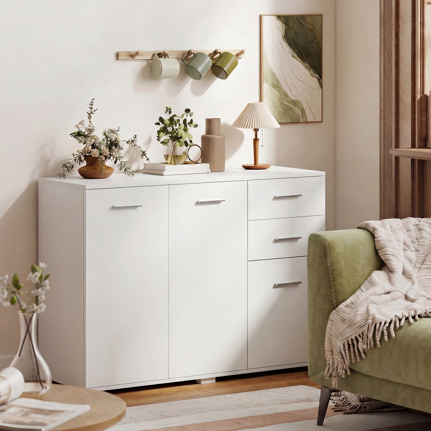 Sideboard, Modern Storage Cabinet with 2 Drawers, 3 Doors and Adjustable Shelves, White