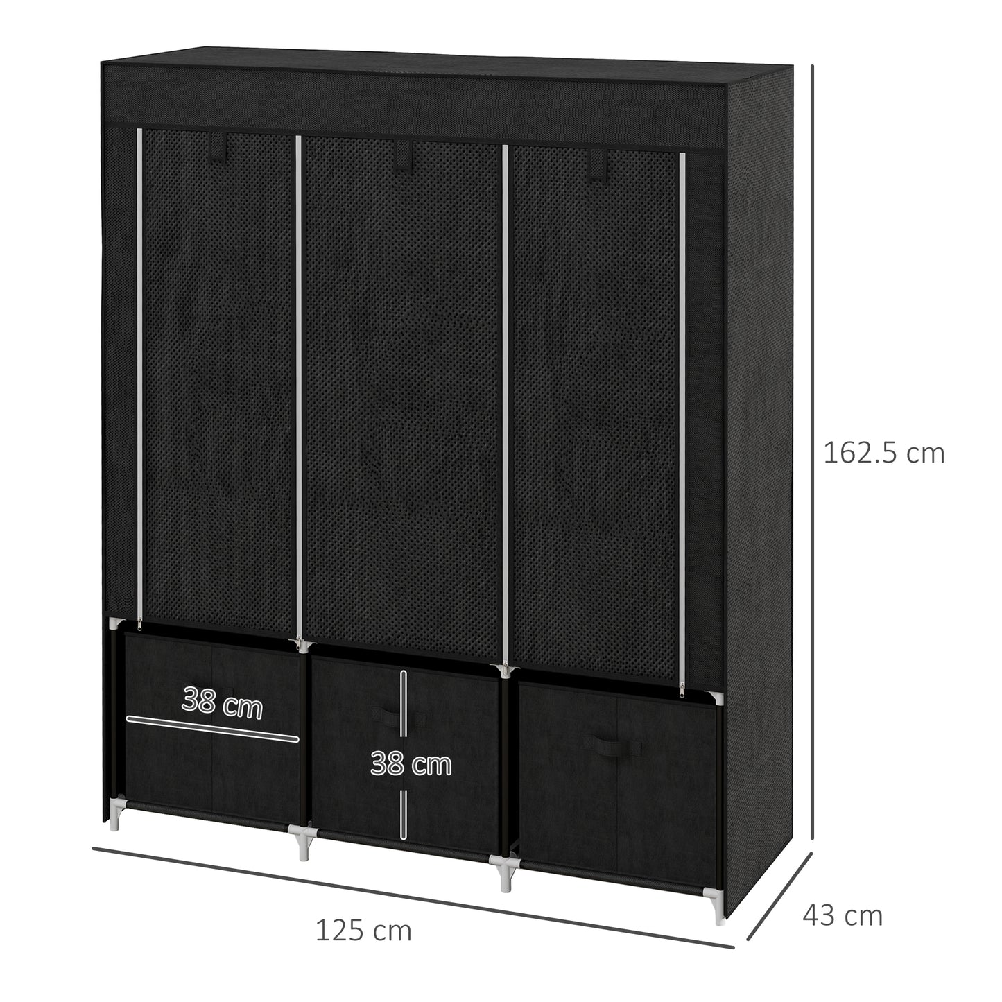 Foldable Fabric Wardrobe for Bedroom, Portable Wardrobe with 5 Shelves, 2 Hanging Rails and 3 Fabric Drawers, Black