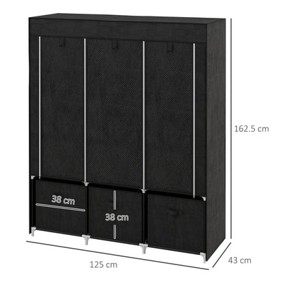 Foldable Fabric Wardrobe for Bedroom, Portable Wardrobe with 5 Shelves, 2 Hanging Rails and 3 Fabric Drawers, Black