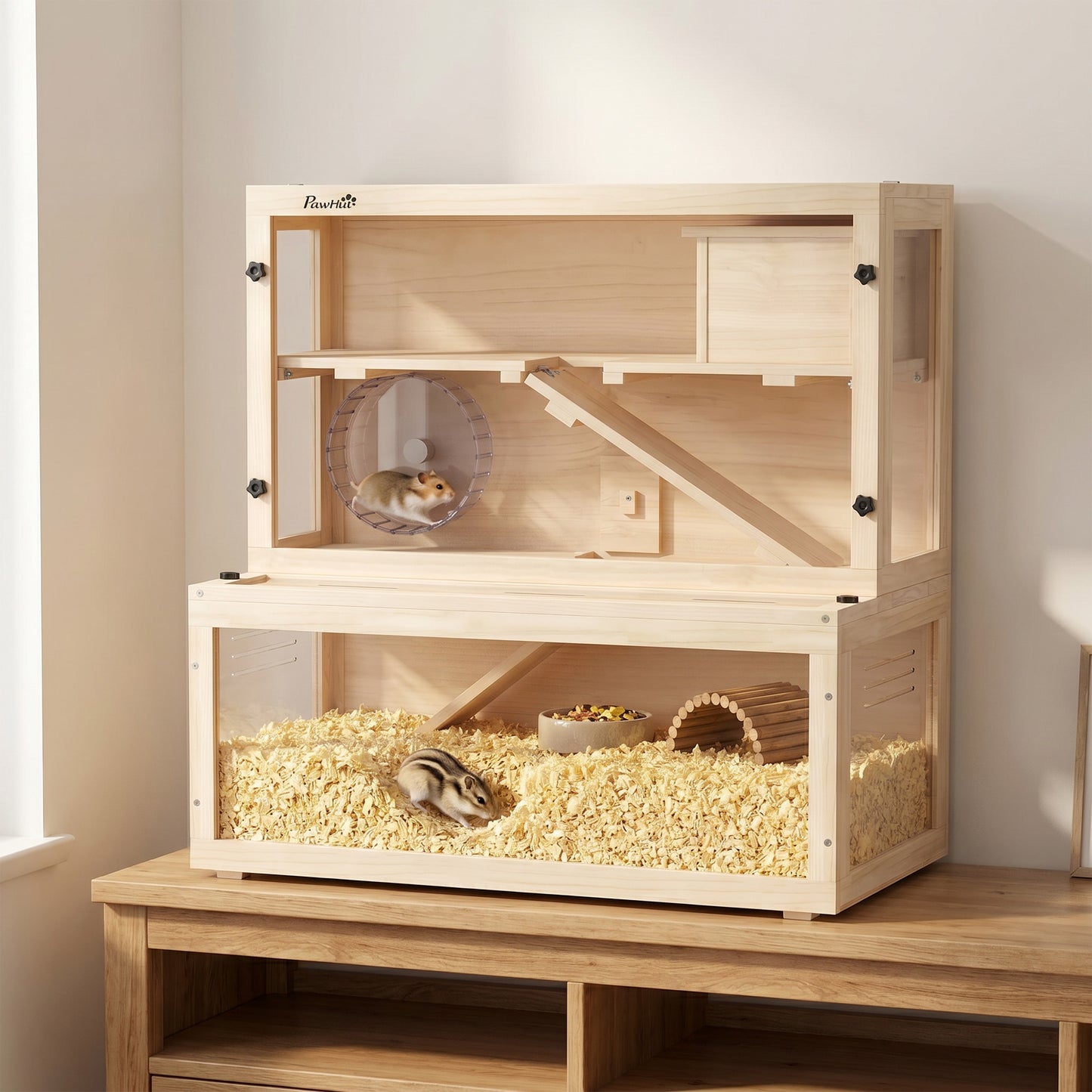 Wooden Hamster Cage with Hut, Wheel, Ramps, Removable Viewing Panels, 80 x 50 x 84 cm, Natural