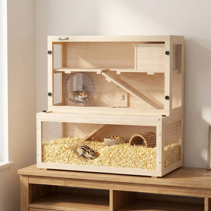 Wooden Hamster Cage with Hut, Wheel, Ramps, Removable Viewing Panels, 80 x 50 x 84 cm, Natural