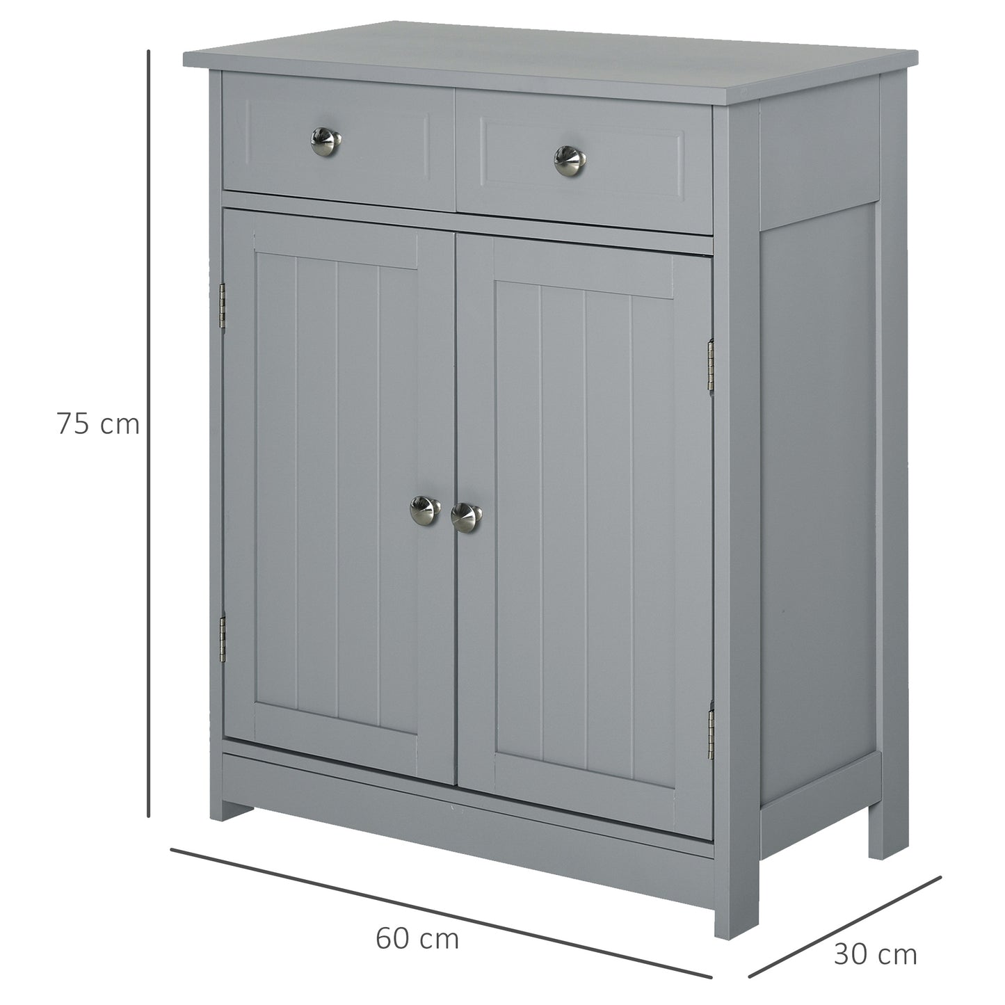 75x60cm Freestanding Bathroom Storage Cabinet Unit w/ 2 Drawers Cupboard Adjustable Shelf Metal Handles Traditional Style Gre