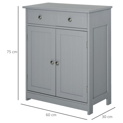75x60cm Freestanding Bathroom Storage Cabinet Unit w/ 2 Drawers Cupboard Adjustable Shelf Metal Handles Traditional Style Gre