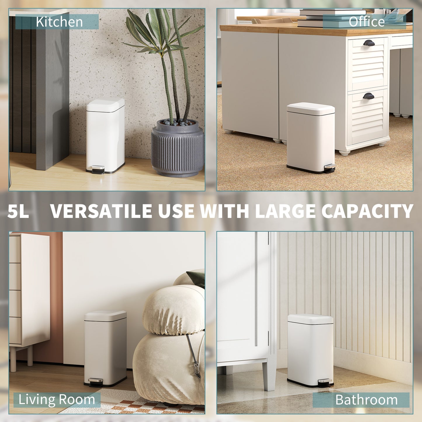 5L Rectangular Compact Bin Steel Body Removable Bucket Quiet-Close Lid w/ Pedal Lid Rubbish Trash Can Home Office Bedroom Bat