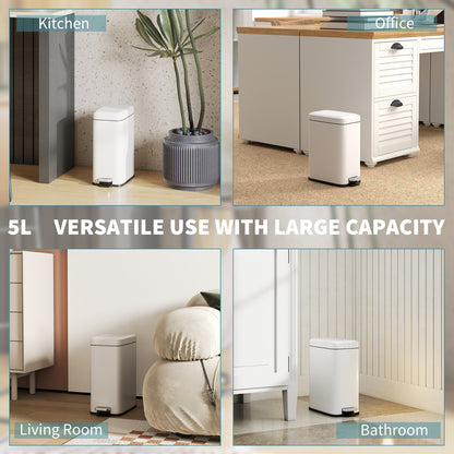 5L Rectangular Compact Bin Steel Body Removable Bucket Quiet-Close Lid w/ Pedal Lid Rubbish Trash Can Home Office Bedroom Bat