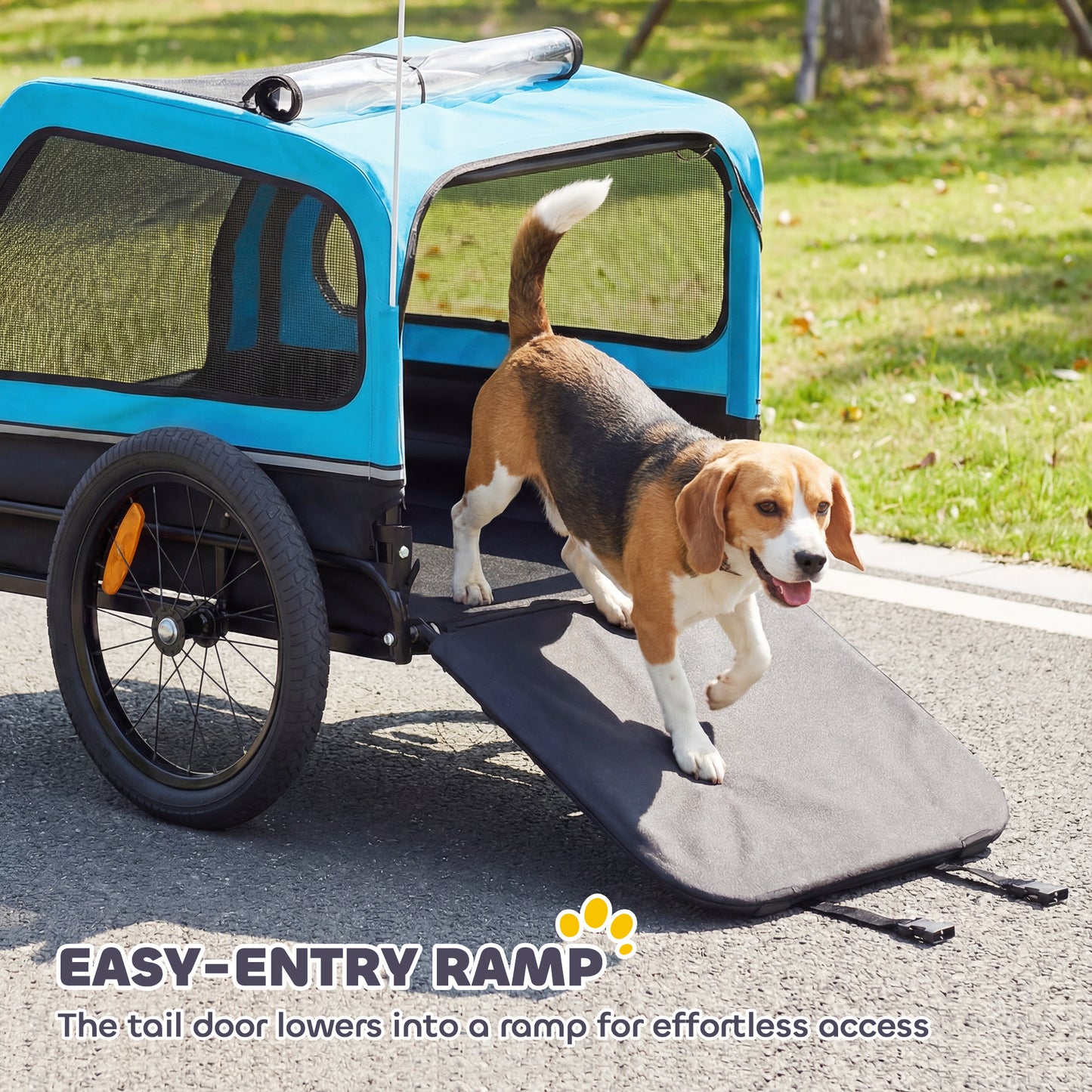 Dog Bike Trailer with Flip-Down Ramp Tailgate, Quick Release Frame, Universal Bicycle Coupler, Reflectors, Blue
