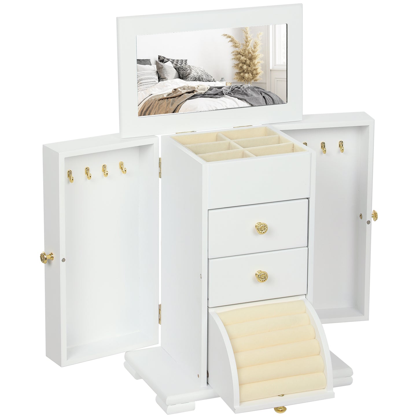 4-Tier Jewellery Box with Mirror and 3 Drawers - White