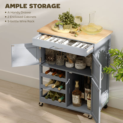 Modern Kitchen Trolley, Rolling Island Storage Cart with Drawer, 9-bottle Wine Rack, Door Cabinets, Wooden Countertop, Grey