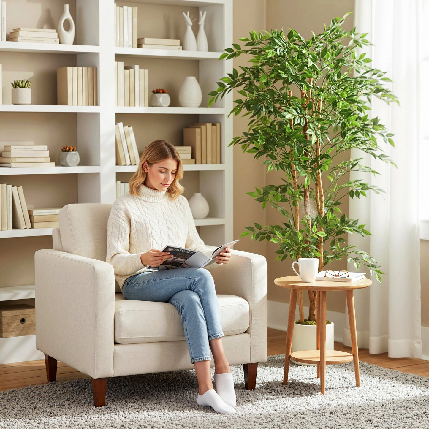 180cm Artificial Ficus Tree, Fake Potted Tree with Solid Wood Trunk and Pot for Indoor, Green