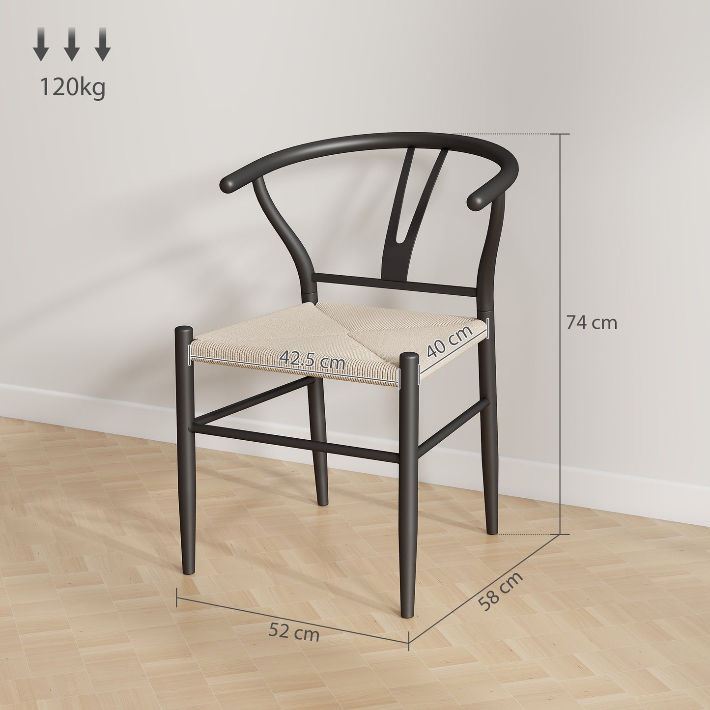 Set of Two Weave Dining Chairs with Y-Shaped Backrest Hemp Seat - Black/Beige