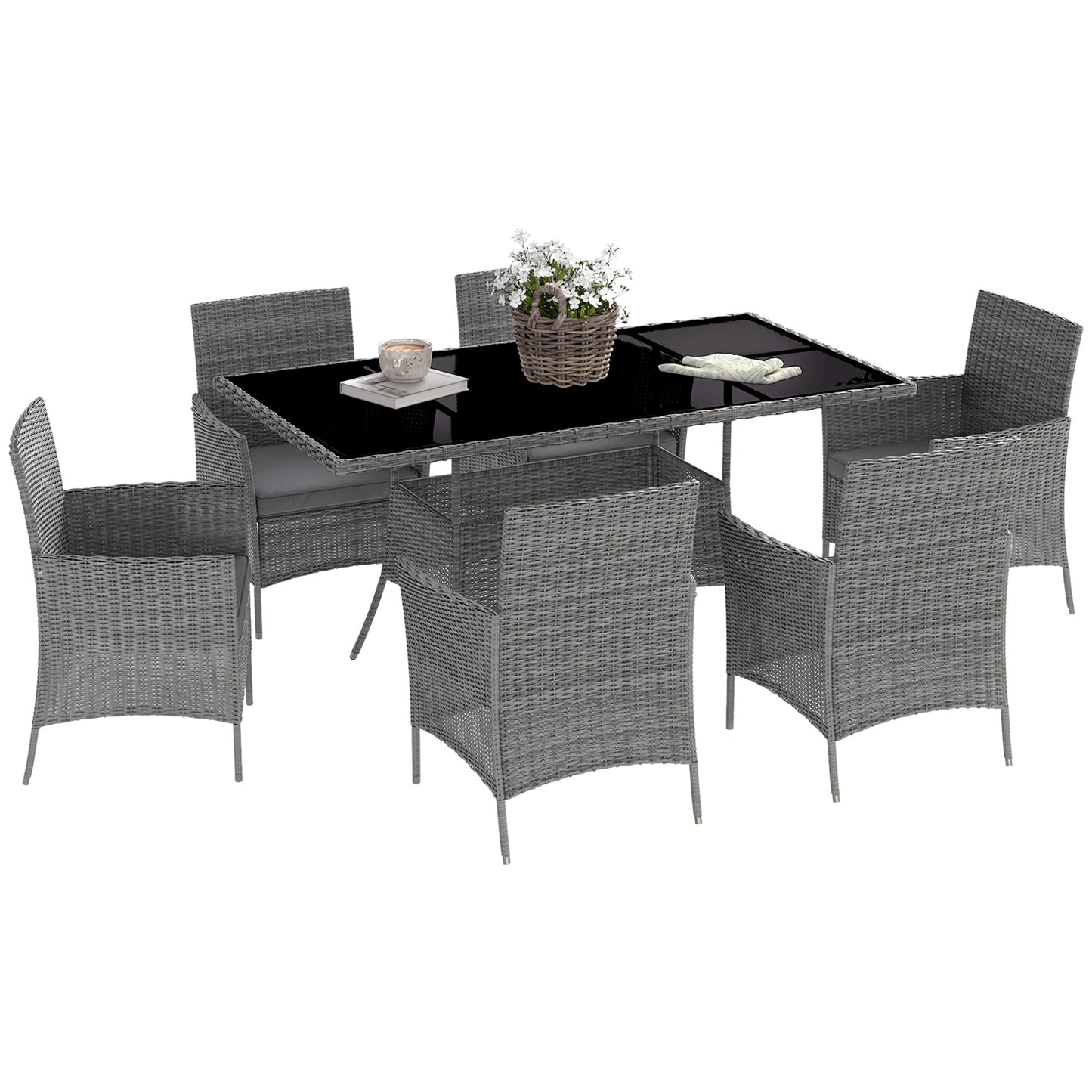 7-Piece Rattan Garden Furniture Set with Cushions, 6 Seater Garden Table and Chairs, Rattan Dining Set with 6 Armchairs