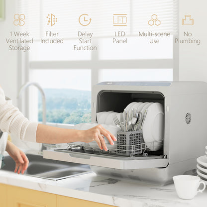 Table Top Dishwasher with Built-in 6L Water Tank, Mini Countertop Dishwasher with 6 Programs, 4 Place Settings, Silver Tone