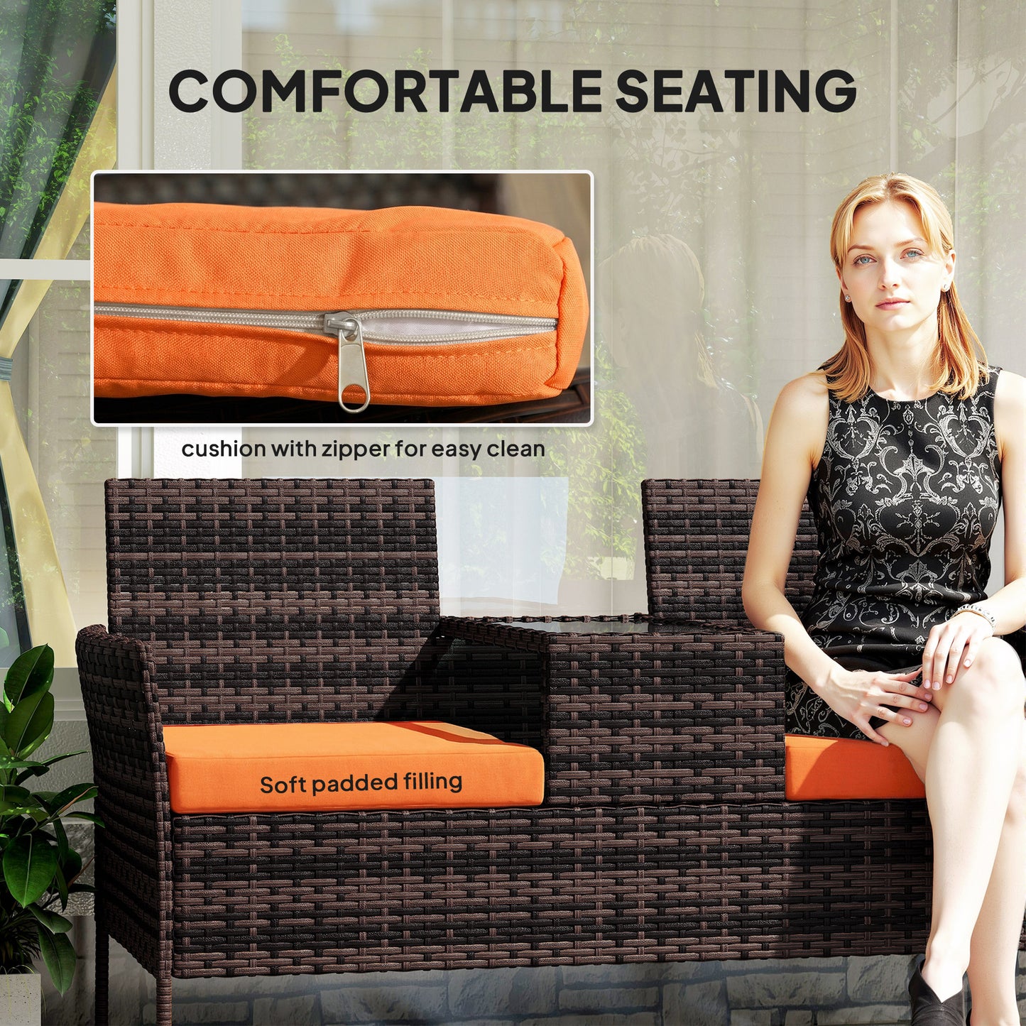 Two-Seat Rattan Chair, with Middle Table - Orange