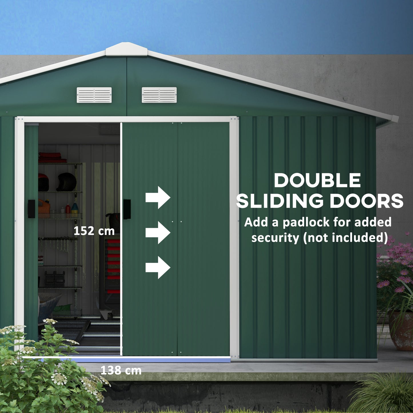 12.5ft Sliding Door Durable Steel Storage Shed with 4 Ventilation Outdoor, Green