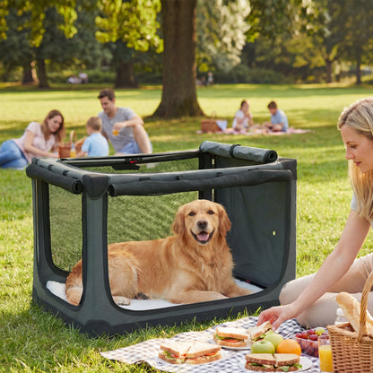 Soft Dog Crate Pet Travel Crate 90 x 64 x 64 cm with Removable Pad Mesh Window Army Green