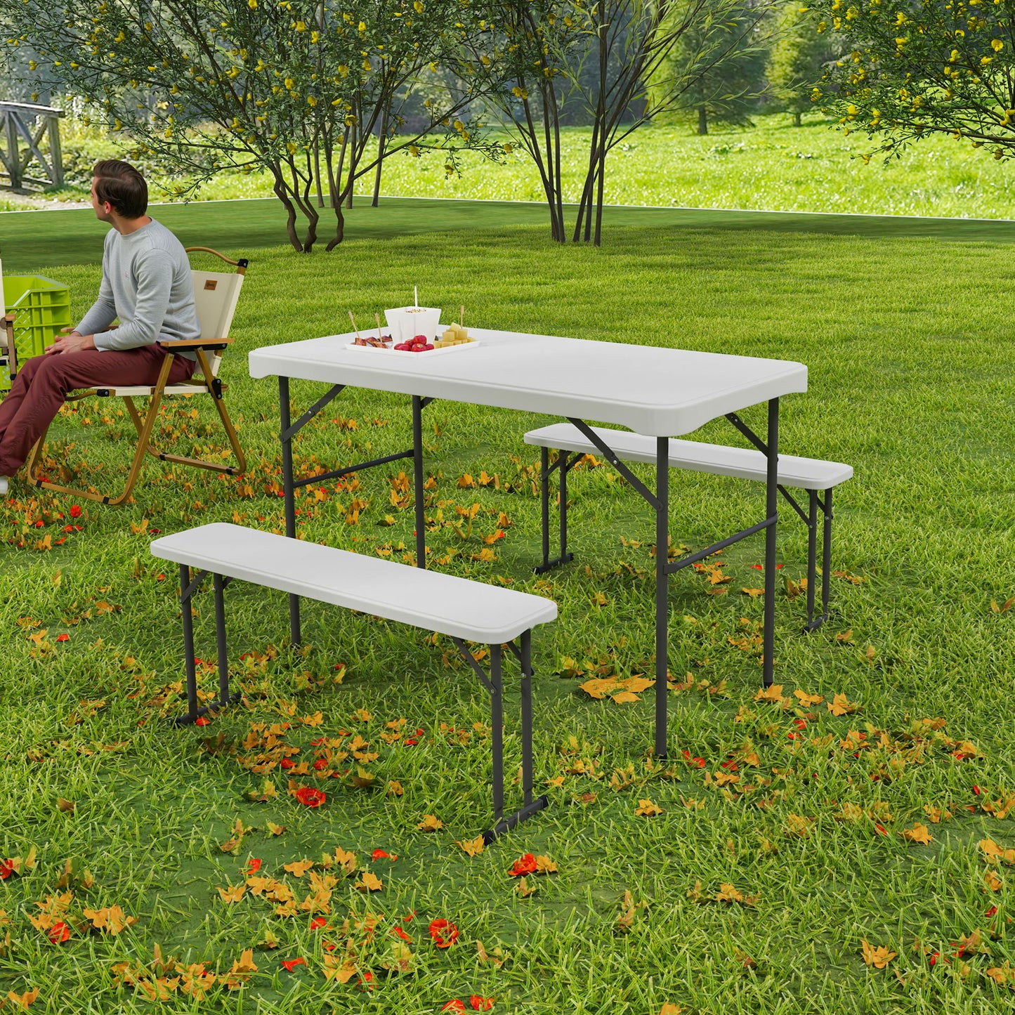 Three-Piece Folding Picnic Table and Bench Set - White